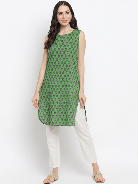 

IMARA Women Green & Purple Floral Printed Pure Cotton Kurta
