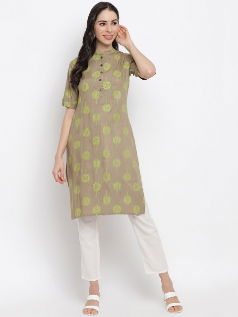 

IMARA Women Beige & Green Floral Printed Liva A-Line Kurta