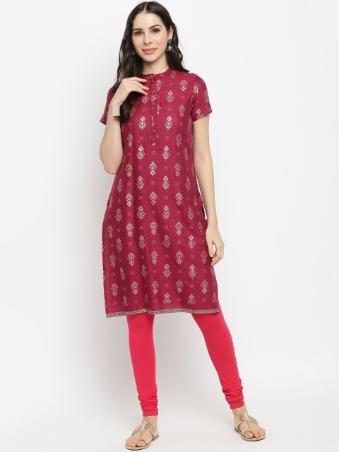 

IMARA Women Maroon & Gold-Toned Ethnic Motifs Printed Pure Cotton Straight Kurta