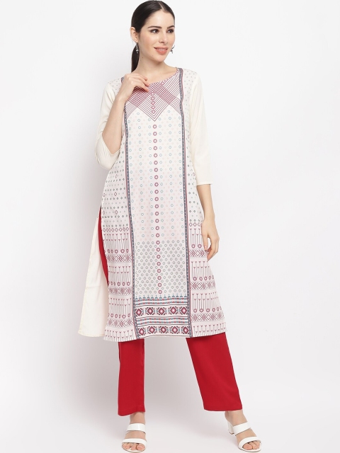 

IMARA Women Beige Geometric Printed Crepe A-Line Kurta