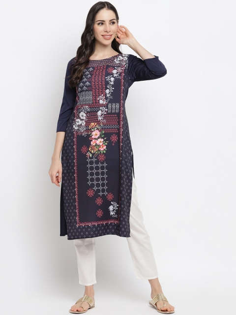 

IMARA Women Navy Blue & White Floral Printed Crepe Kurta