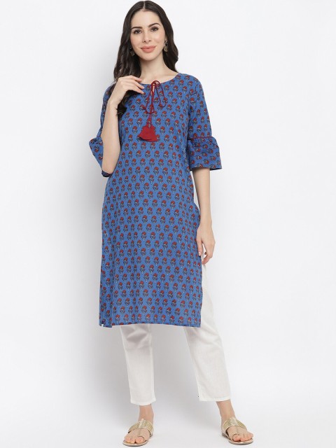 

IMARA Women Blue & Red Floral Printed Bell Sleeves Pure Cotton Kurta