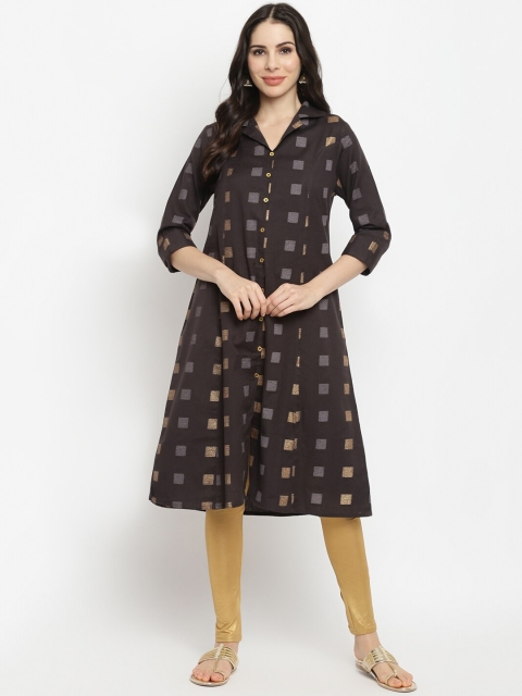 

IMARA Women Charcoal Grey Geometric A-Line Kurta