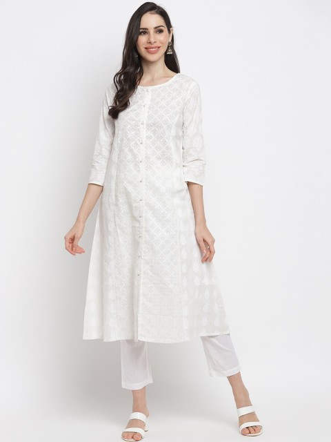 

IMARA Women White Ethnic Motifs Chikankari White Romance Pure Cotton Kurta