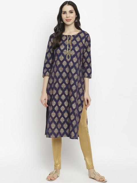 

IMARA Women Navy Blue & Gold-Toned Ethnic Motifs Printed Pure Cotton Kurta