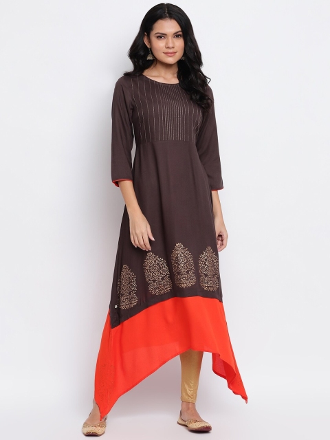 

IMARA Women Grey & Orange Ethnic Motifs Printed Kurta