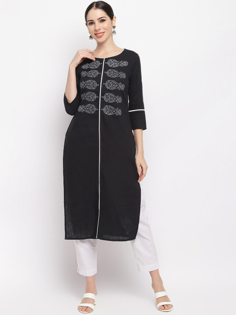 

IMARA Women Black & White Ethnic Motifs Printed Pure Cotton Kurta