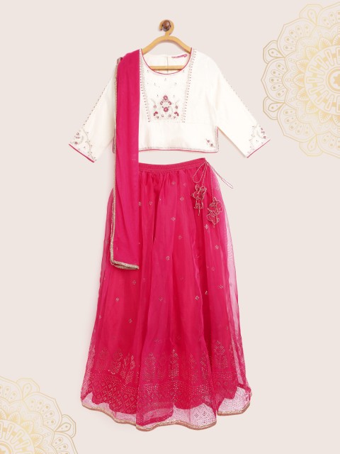 

Biba Girls Pink & Off White Embroidered Mukaish Ready to Wear Lehenga & Blouse With Dupatta