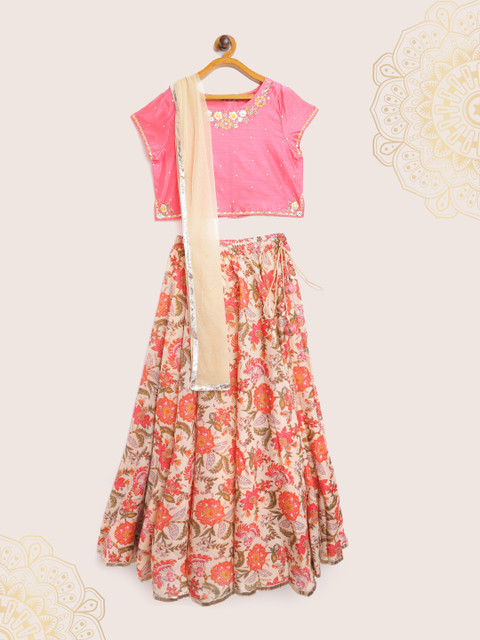 

Biba Girls Beige & Pink Printed Ready to Wear Lehenga & Blouse With Dupatta