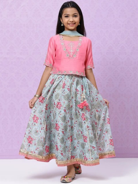 

Biba Girls Pink & Grey Embroidered Ready to Wear Lehenga & Blouse With Dupatta