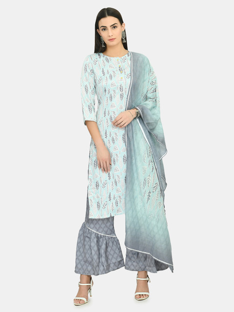 

Myshka Women Blue Floral Printed Regular Pure Silk Kurta with Palazzos & With Dupatta