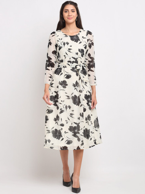 

Just Wow Women Black & White Floral Printed Georgette Belted Midi Dress