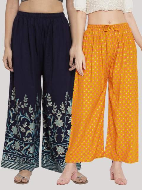 

Clora Creation Women Pack Of 2 Navy Blue & Mustard Yellow Printed Palazzos