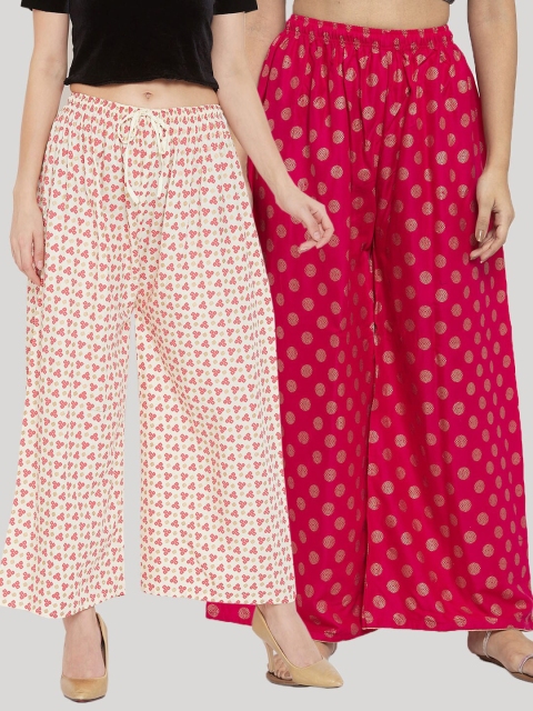 

Clora Creation Women Pack Of 2 Cream-Coloured & Magenta Pink Printed Knitted Palazzos