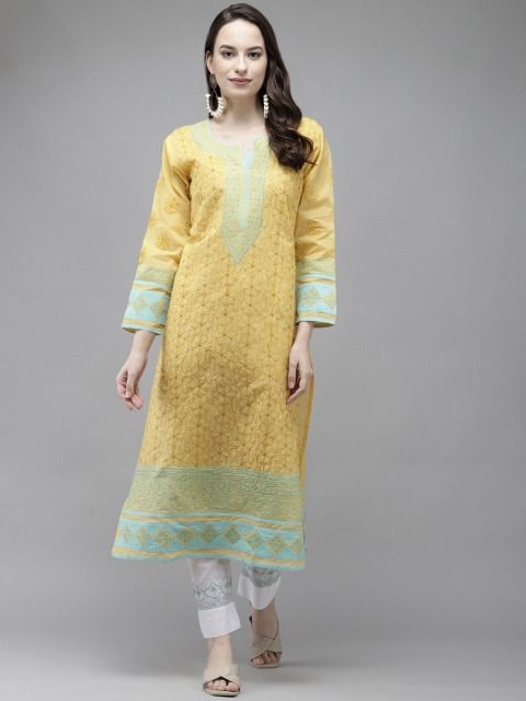 

ADA Women Yellow & Sea Green Ethnic Motifs Embroidered Chikankari Kurta