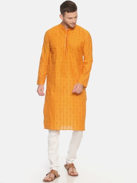 

PAROKSH Men Mustard Yellow Ethnic Motifs Thread Work Dobby Handloom Kurta