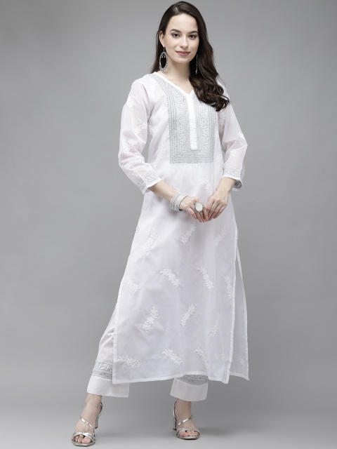

ADA Women White Ethnic Motifs Embroidered Regular Kurta with Trousers
