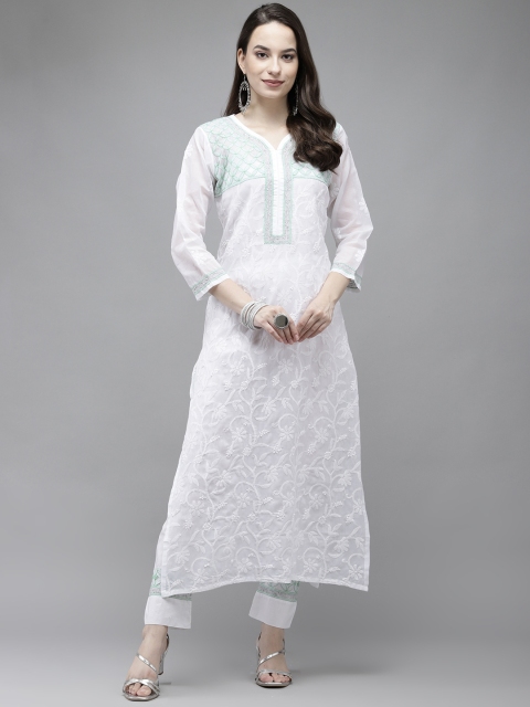 

ADA Women White Ethnic Motifs Embroidered Regular Kurta with Trousers