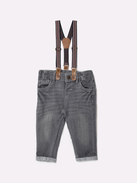 

Donuts Boys Grey Slim Fit High-Rise Light Fade Cotton Jeans with Suspenders