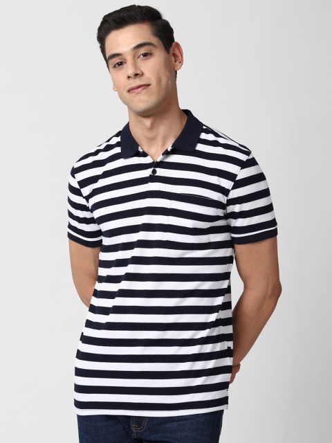 

Peter England Casuals Men White & Navy Blue Striped Polo Collar Slim Fit T-shirt