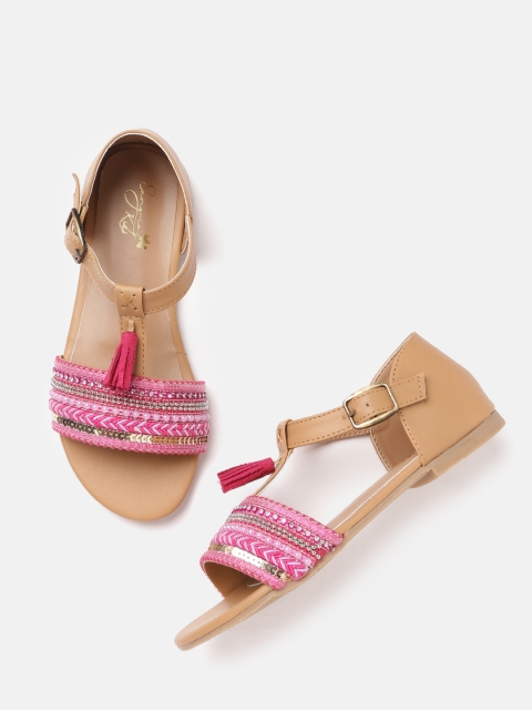 

Sangria Girls Pink & Beige Braided Embellished Tasselled Detail Open Toe Flats