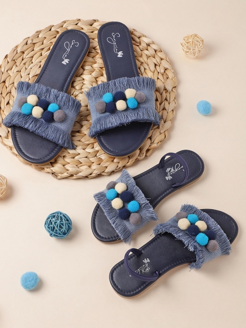 

Sangria Girls Blue & Grey Woven Design Fringed Pom-Pom Detail Open Toe Flats