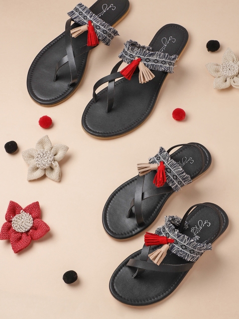 

Sangria Girls Navy Blue & Black Woven Design One Toe Flats with Tassel Detail