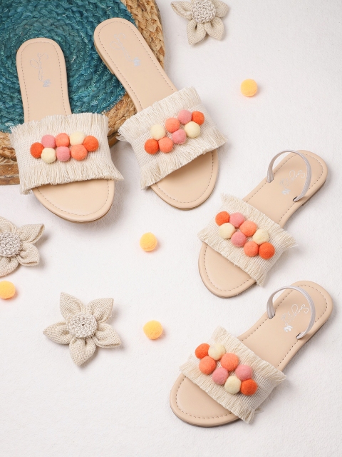 

Sangria Girls Cream-Coloured & Orange Woven Design Fringed Pom-Pom Detail Open Toe Flats