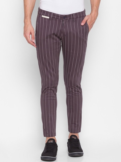 

SPYKAR Men Charcoal Grey & White Striped Slim Fit Pure Cotton Trousers