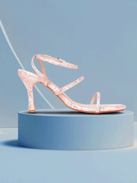 

CORSICA Women Peach-Coloured & Rose Gold-Toned Snakeskin Textured & Printed Heels