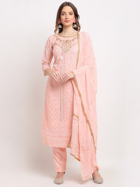 

Stylee LIFESTYLE Peach-Coloured & Gold-Toned Embroidered Semi-Stitched Dress Material