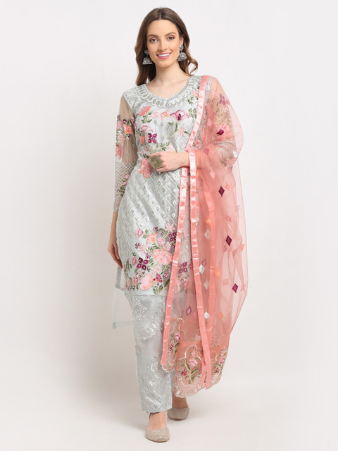 

Stylee LIFESTYLE Grey & Peach-Coloured Embroidered Semi-Stitched Dress Material