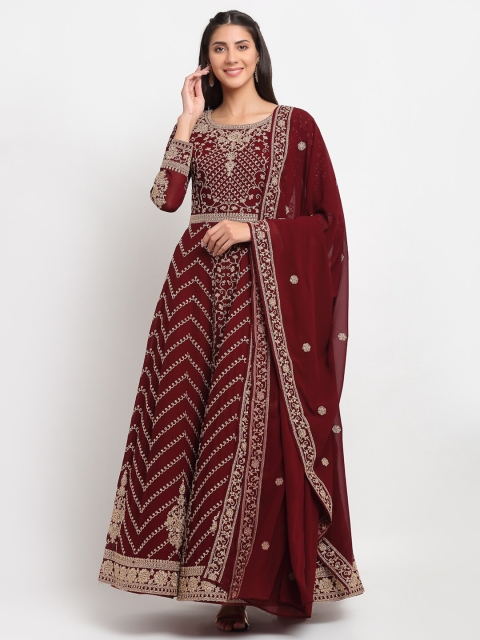 

Stylee LIFESTYLE Maroon & Silver-Toned Embroidered Semi-Stitched Dress Material
