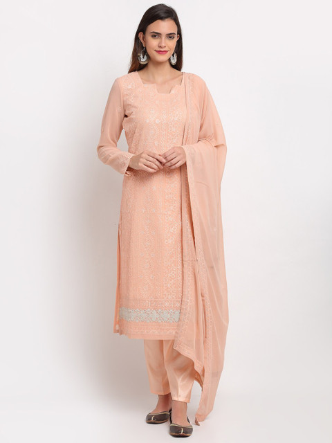 

Stylee LIFESTYLE Peach-Coloured & Grey Embroidered Semi-Stitched Dress Material