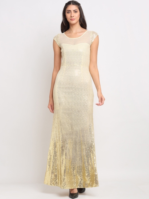 

Just Wow Women Off White & Silver-Toned Embellished Round Neck Linen Net Maxi Dress