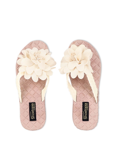 

Shoetopia Women Cream-Coloured & Pink Embellished Thong Flip-Flops