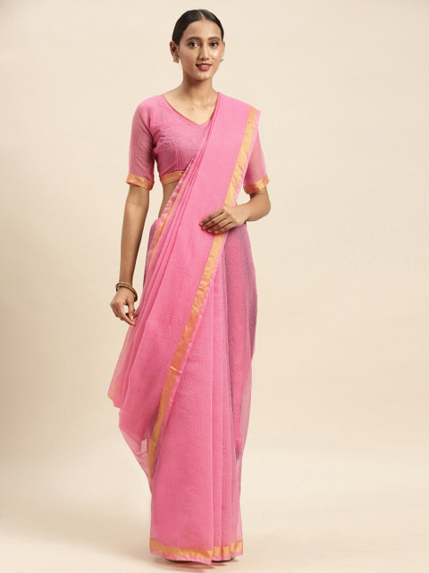 

MOKSHA DESIGNS Pink & Gold-Toned Zari Pure Cotton Kota Saree