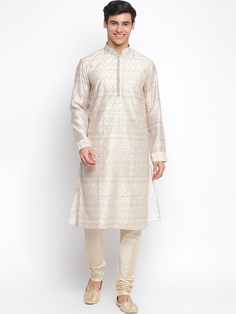 

Sanwara Men Light Beige Cotton Silk Woven Straight Kurta With Churidar