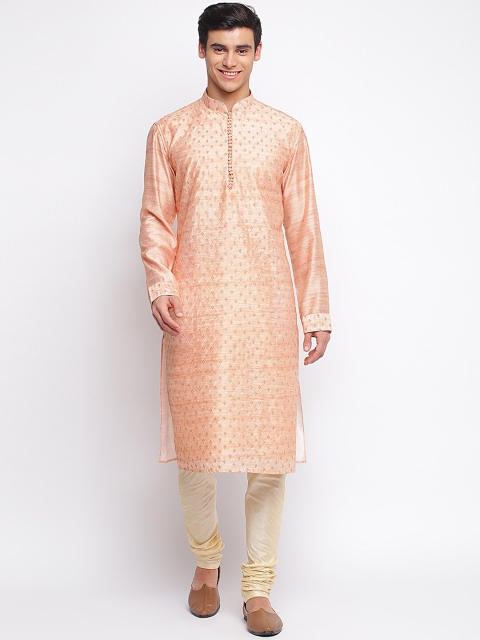 

Sanwara Men Peach & Cream Woven Design Cotton Blend Kurta With Churidar