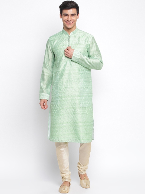 

Sanwara Men Green & White Self Design Kurta with Churidar