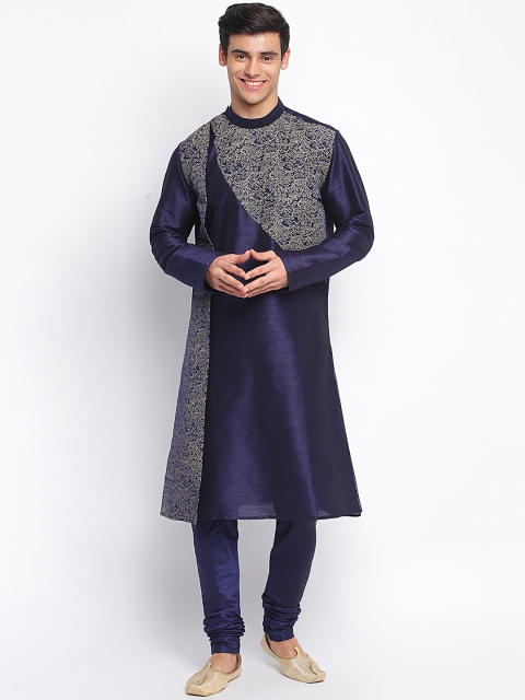 

Sanwara Men Blue Paisley Printed Art Silk Kurta With Churidar