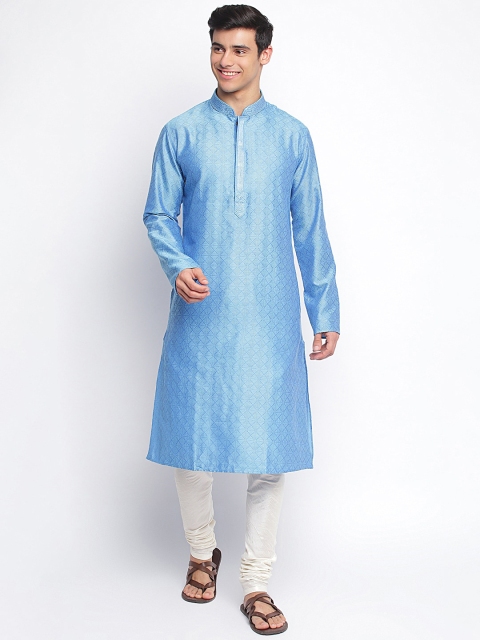 

Sanwara Men Blue & White Self Design Kurta with Churidar