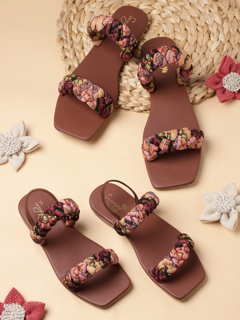 

Sangria Women Brown & Pink Printed Braided Open Toe Flats
