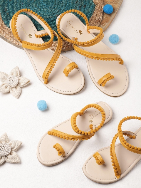 

Sangria Women Mustard Yellow Pom-Pom Lace Trim One Toe Flats