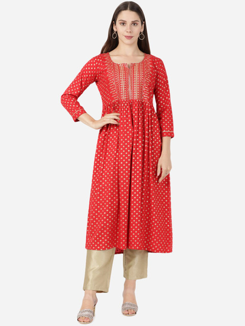 

GOLDSTROMS Women Red Ethnic Motifs Printed Anarkali Kurta