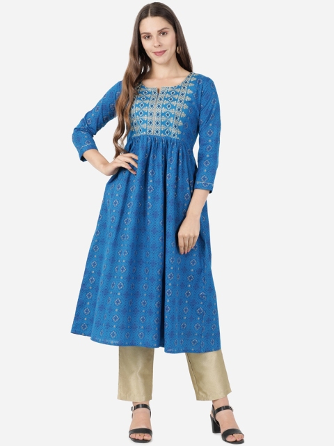 

GOLDSTROMS Women Blue Ethnic Motifs Printed Flared Sleeves Anarkali Kurta