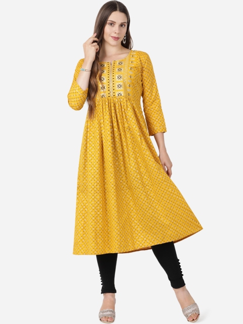 

GOLDSTROMS Women Mustard Yellow Ethnic Motifs Embroidered Kurta
