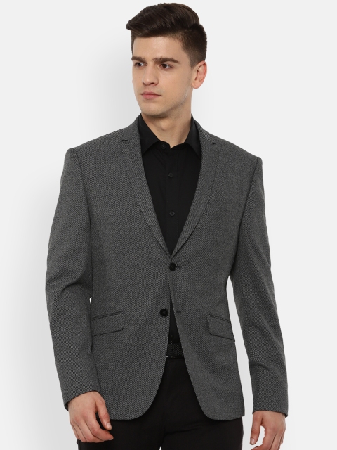

V Dot Men Grey Self-Design Single-Breasted Slim-Fit Blazer