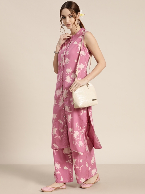 

Moda Rapido Women Pink & Off-White Floral Print Pure Cotton Kurta with Palazzos