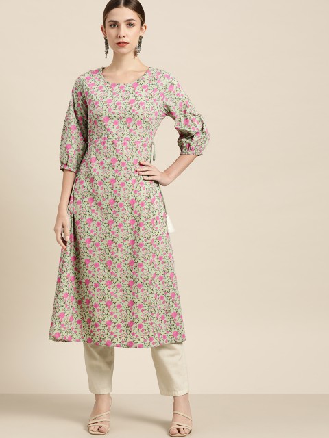 

Moda Rapido Women Green & Pink Floral Printed A-Line Cotton Kurta
